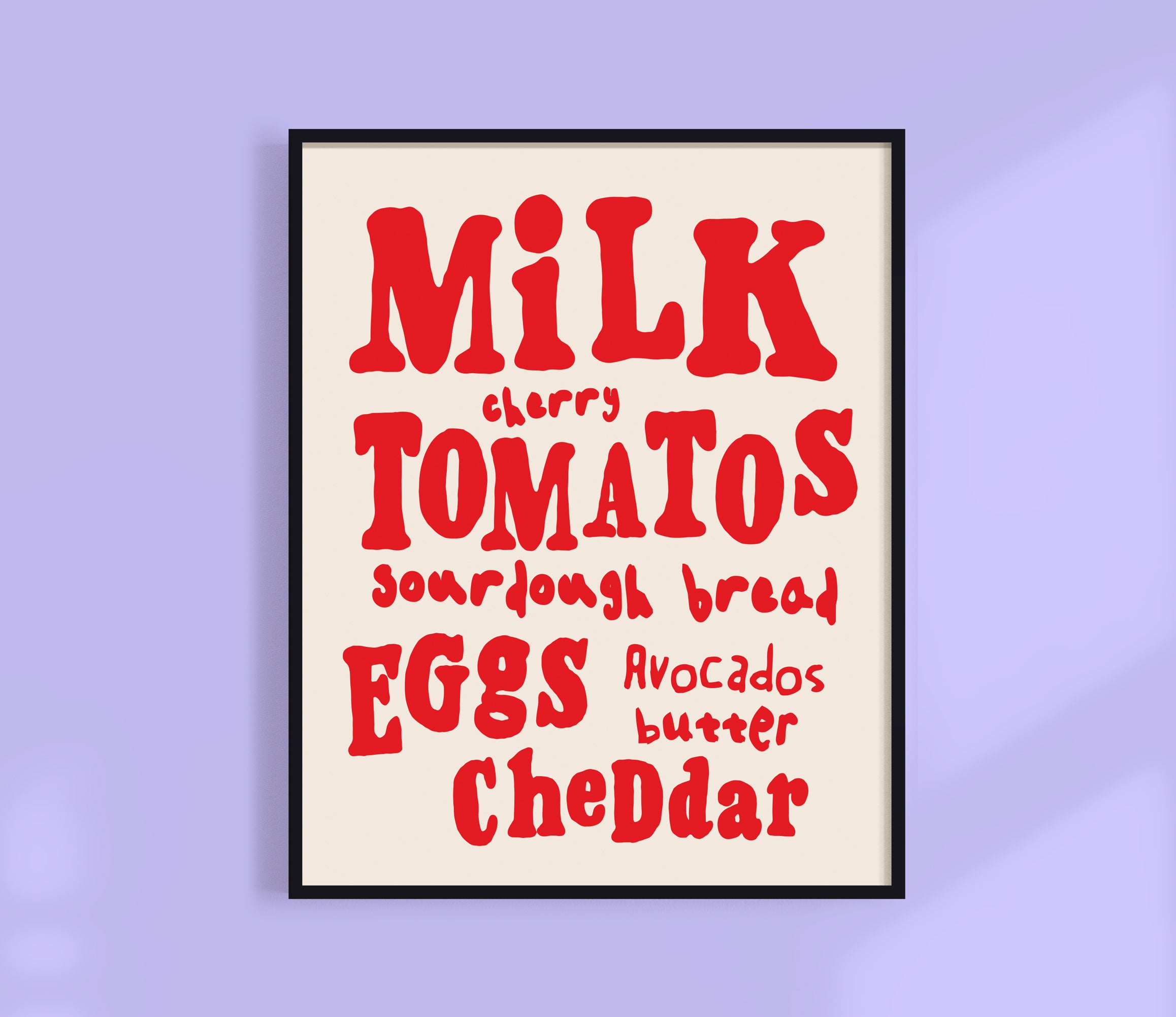 Milk, Cherry Tomatos, Sourdough Bread, Eggs, Avocados, Butter and Cheddar Shopping List Print